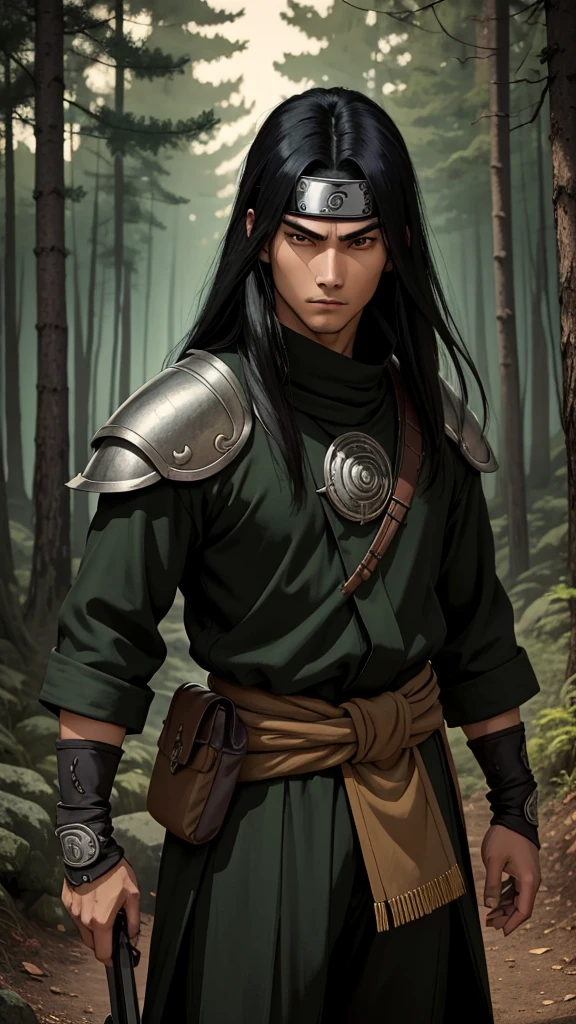 (cowboy shot), sfw, (masterpiece), (best quality:1.0), (ultra highres:1.0), detailed eyes, BREAK looking at viewer, 1boy, dark skin, long black hair, intimidating look, green samurai armor, armor, ornate clothing, pouches, black headband, armband, narutoStyle, BREAK (forest, many trees, night, outdoors, gorgeous view), intimidating pose