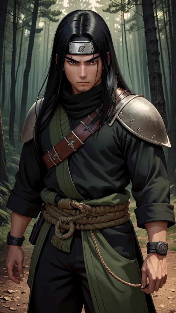 (cowboy shot), sfw, (masterpiece), (best quality:1.0), (ultra highres:1.0), detailed eyes, BREAK looking at viewer, 1boy, dark skin, long black hair, intimidating look, green samurai armor, samurai armor, ornate clothing, pouches, black headband, armband, wood jutsu, narutoStyle, BREAK (forest, many trees, night, outdoors, gorgeous view), intimidating pose