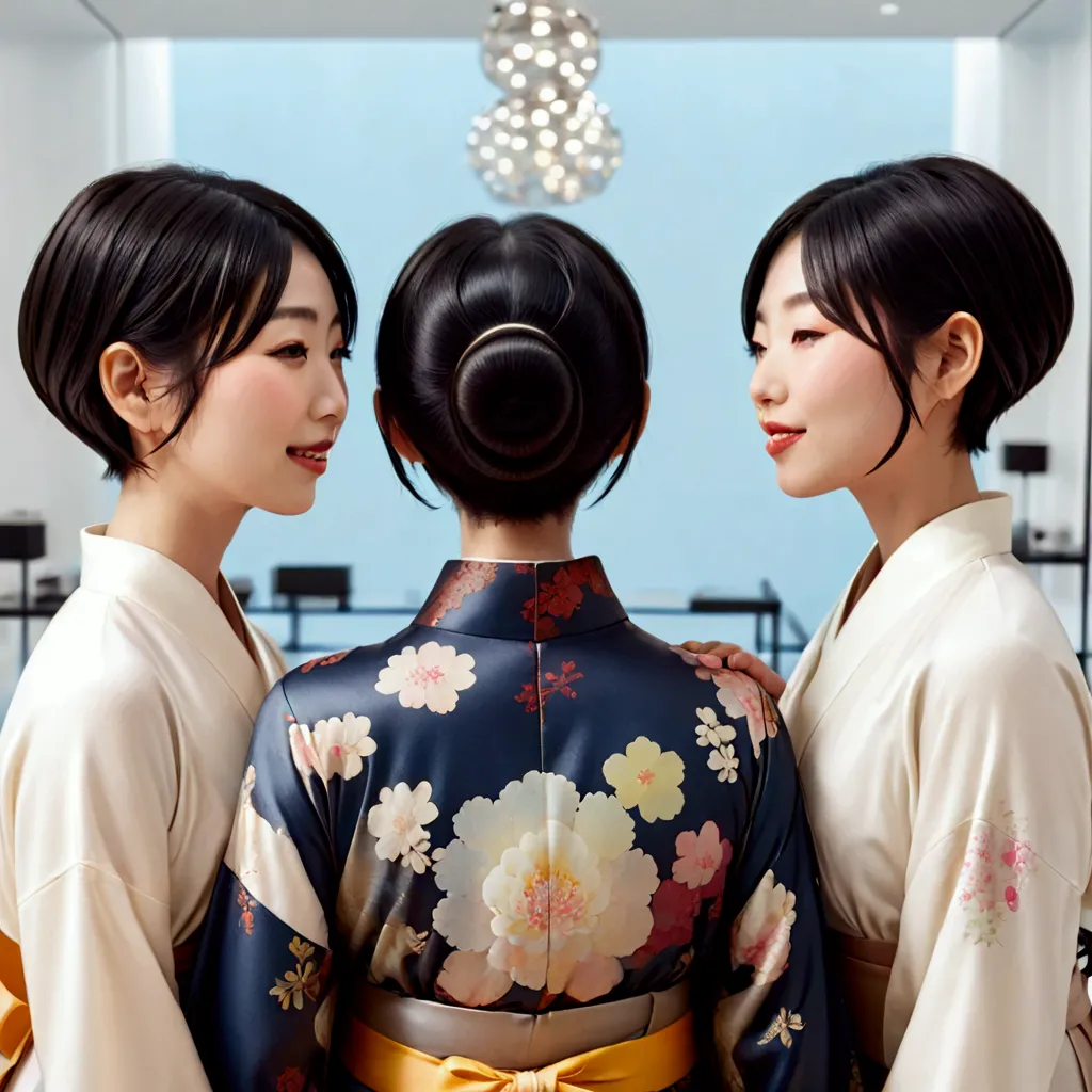 three japanese eldery mature ladies in kimono at luxerius office items sorrounded bright lighted modern office,their black strai...