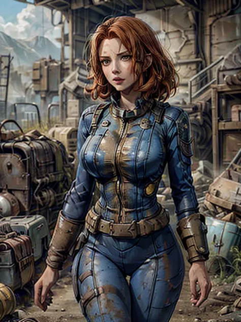 a girl in a dark blue and yellow jumpsuit, pip-boy 3000, long red hair, round breasts, cleavage, walking out of a vault, fallout...