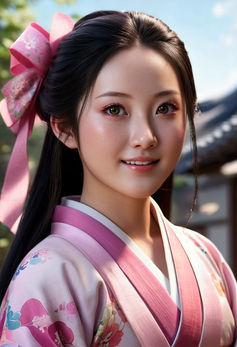 masterpiece, (photorealistic:1.5), realistic eyes, asian woman, best quality, beautiful lighting, professional lighting, photon mapping, radiosity, physically-based rendering,, kamado nezuko, 1girl, black hair, forehead, hair ribbon, japanese clothes, kimono, long hair, multicolored hair, open mouth, pink eyes, pink kimono, pink ribbon, ribbon, smile, very long hair, sky, ((aged up)),, (RAW photo, 8k uhd, film grain)