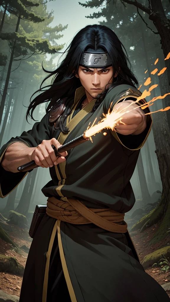 (cowboy shot), sfw, (masterpiece), (best quality:1.0), (ultra highres:1.0), detailed eyes, BREAK looking at viewer, 1boy, dark skin, long black hair, intimidating look, green armor, samurai armor, black robes, ornate clothing, pouches, black headband, wood jutsu, narutoStyle, BREAK (forest, many trees, night, outdoors, gorgeous view), action pose