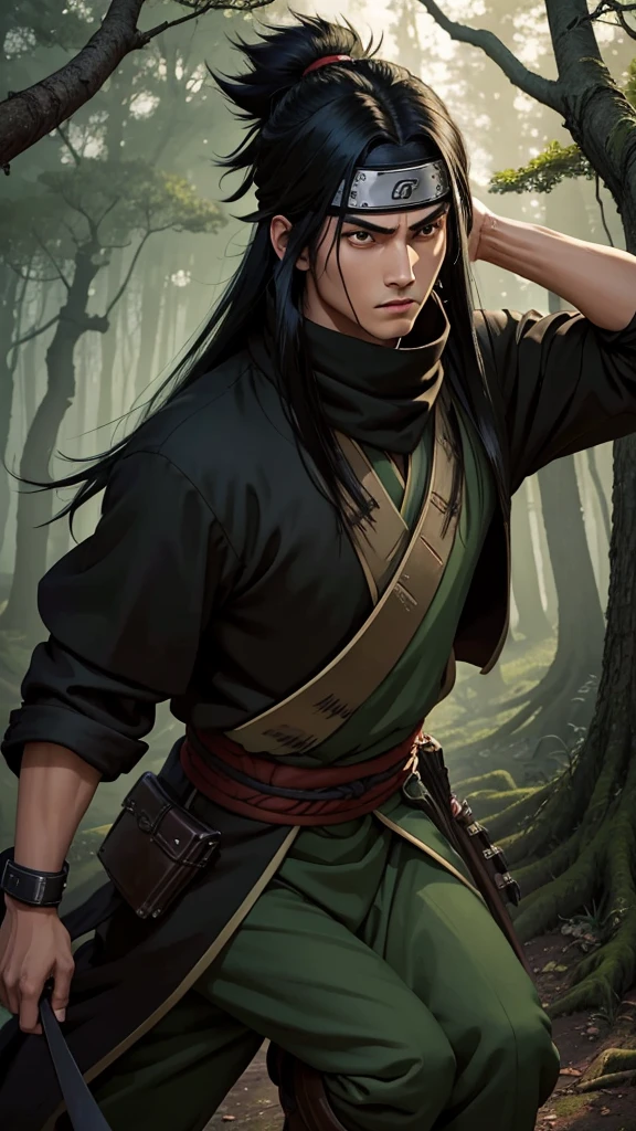 (cowboy shot), sfw, (masterpiece), (best quality:1.0), (ultra highres:1.0), detailed eyes, BREAK looking at viewer, 1boy, dark skin, long black hair, intimidating look, green armor, samurai armor, black robes, ornate clothing, pouches, black headband, wood jutsu, narutoStyle, BREAK (forest, many trees, night, outdoors, gorgeous view), action pose