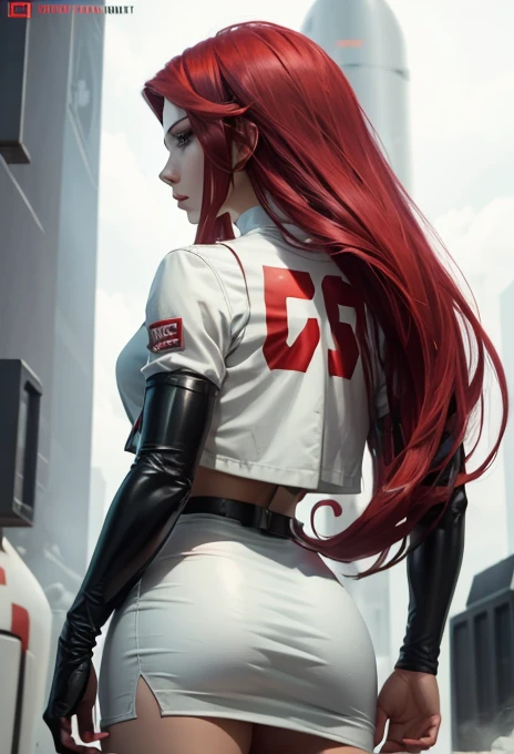 jessie, Red hair,  Long hair back, white miniskirt, white vest, Black Glove, (rocket team uniform), ((fully body))