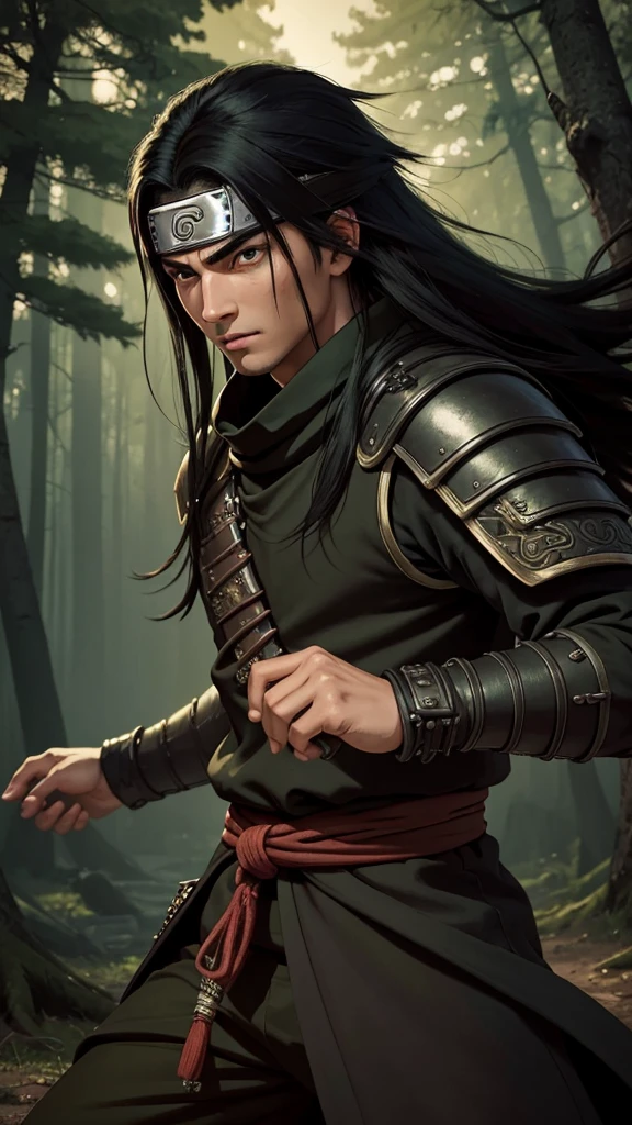 (cowboy shot), sfw, (masterpiece), (best quality:1.0), (ultra highres:1.0), detailed eyes, BREAK looking at viewer, 1boy, dark skin, long black hair, intimidating look, green armor, samurai armor, black robes, ornate clothing, pouches, black headband, mouth scar, narutoStyle, BREAK (forest, many trees, night, outdoors, gorgeous view), action pose