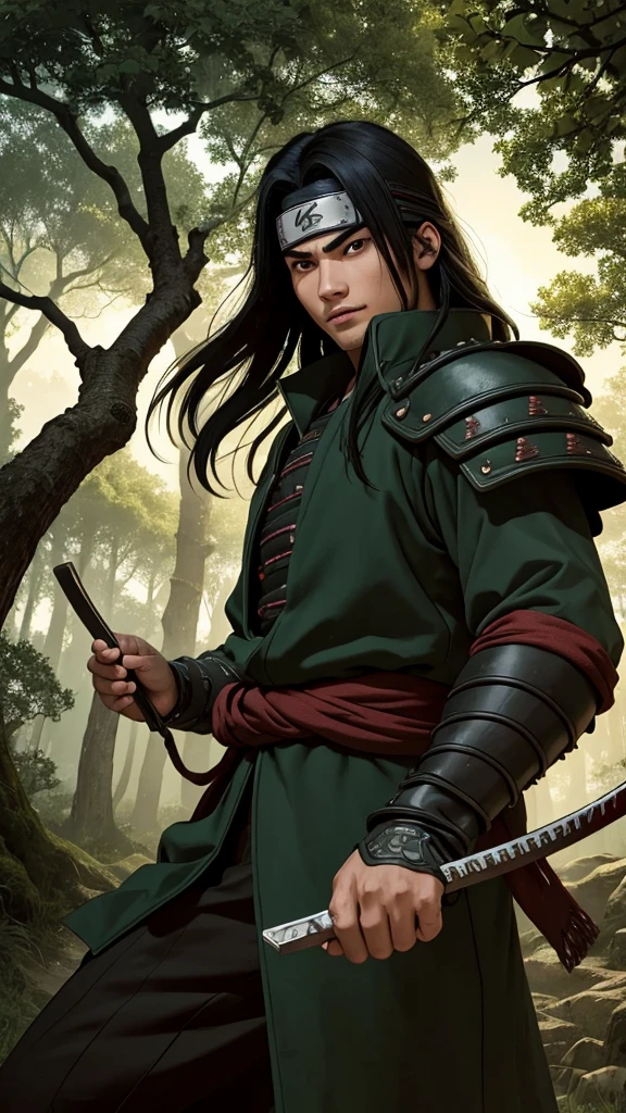 (cowboy shot), sfw, (masterpiece), (best quality:1.0), (ultra highres:1.0), detailed eyes, BREAK looking at viewer, 1boy, mouth scar, dark skin, long black hair, intimidating look, green armor, samurai armor, black robes, ornate clothing, pouches, black headband, narutoStyle, BREAK (forest, many trees, night, outdoors, gorgeous view), action pose