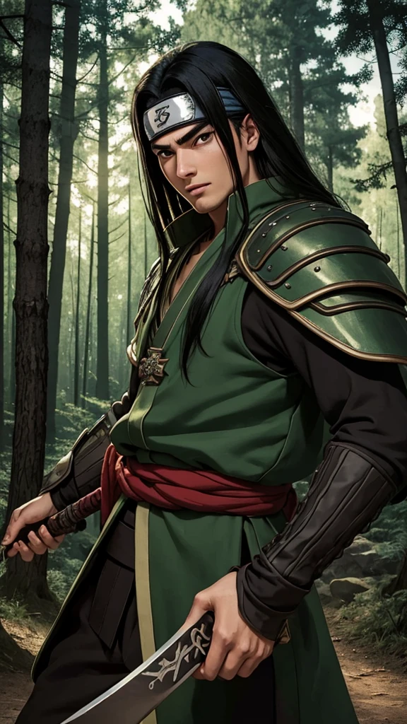 (cowboy shot), sfw, (masterpiece), (best quality:1.0), (ultra highres:1.0), detailed eyes, BREAK looking at viewer, 1boy, mouth scar, dark skin, long black hair, intimidating look, green armor, samurai armor, black robes, ornate clothing, pouches, black headband, narutoStyle, BREAK (forest, many trees, night, outdoors, gorgeous view), action pose