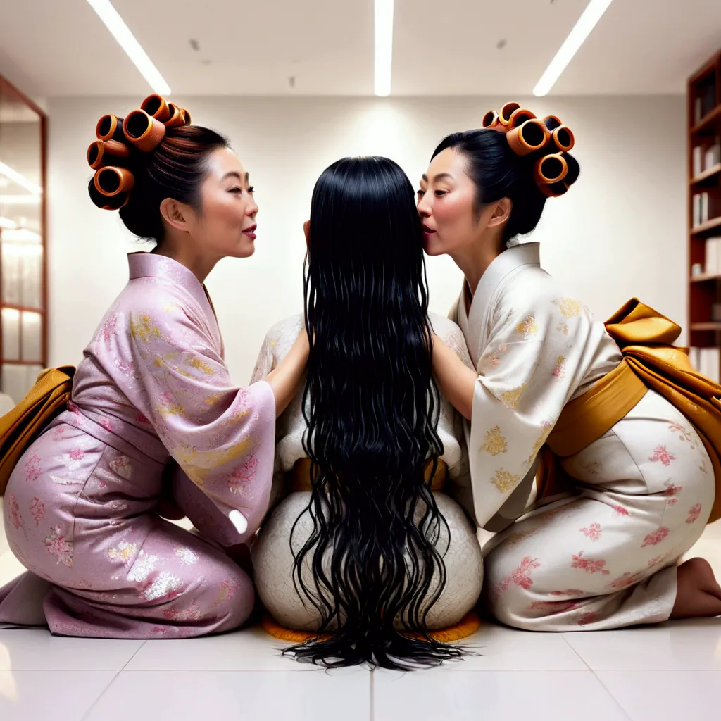 three japanese eldery mature ladies in kimono at luxerius office items sorrounded bright lighted modern office,their black strai...