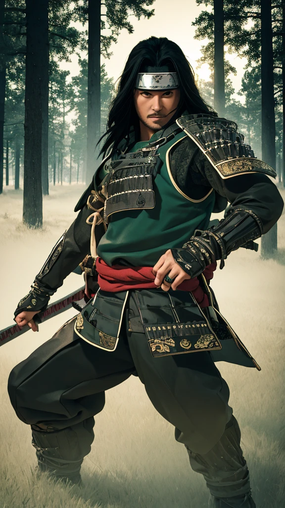 (cowboy shot), sfw, (masterpiece), (best quality:1.0), (ultra highres:1.0), detailed eyes, BREAK looking at viewer, 1boy, face scar, dark skin, long black hair, intimidating look, green armor, samurai armor, black robes, ornate clothing, pouches, black headband, narutoStyle, BREAK (forest, many trees, night, outdoors, gorgeous view), action pose