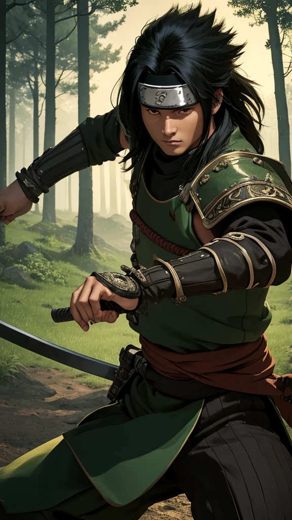 (cowboy shot), sfw, (masterpiece), (best quality:1.0), (ultra highres:1.0), detailed eyes, BREAK looking at viewer, 1boy, face scar, dark skin, long black hair, intimidating look, green armor, samurai armor, black robes, ornate clothing, pouches, black headband, narutoStyle, BREAK (forest, many trees, night, outdoors, gorgeous view), action pose