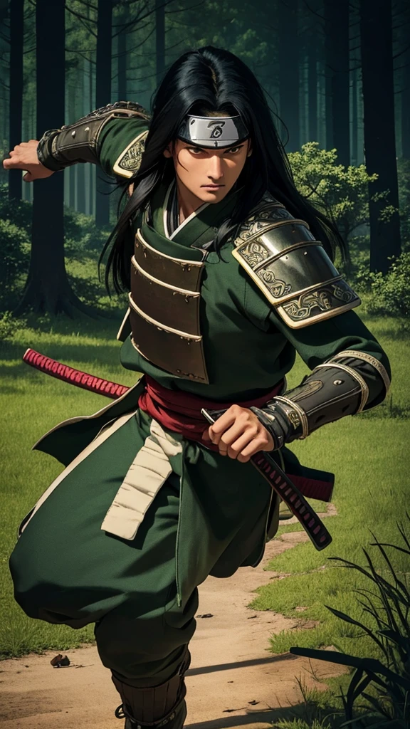 (cowboy shot), sfw, (masterpiece), (best quality:1.0), (ultra highres:1.0), detailed eyes, BREAK looking at viewer, 1boy, face scar, dark skin, long black hair, intimidating look, green armor, samurai armor, black robes, ornate clothing, pouches, black headband, narutoStyle, BREAK (forest, many trees, night, outdoors, gorgeous view), action pose