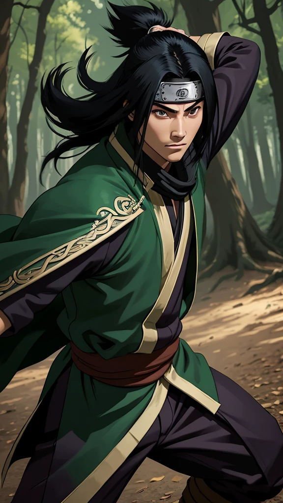 (cowboy shot), sfw, (masterpiece), (best quality:1.0), (ultra highres:1.0), detailed eyes, BREAK looking at viewer, 1boy, face scar, dark skin, long black hair, intimidating look, green armor, samurai armor, black robes, ornate clothing, pouches, black headband, narutoStyle, BREAK (forest, many trees, night, outdoors, gorgeous view), action pose