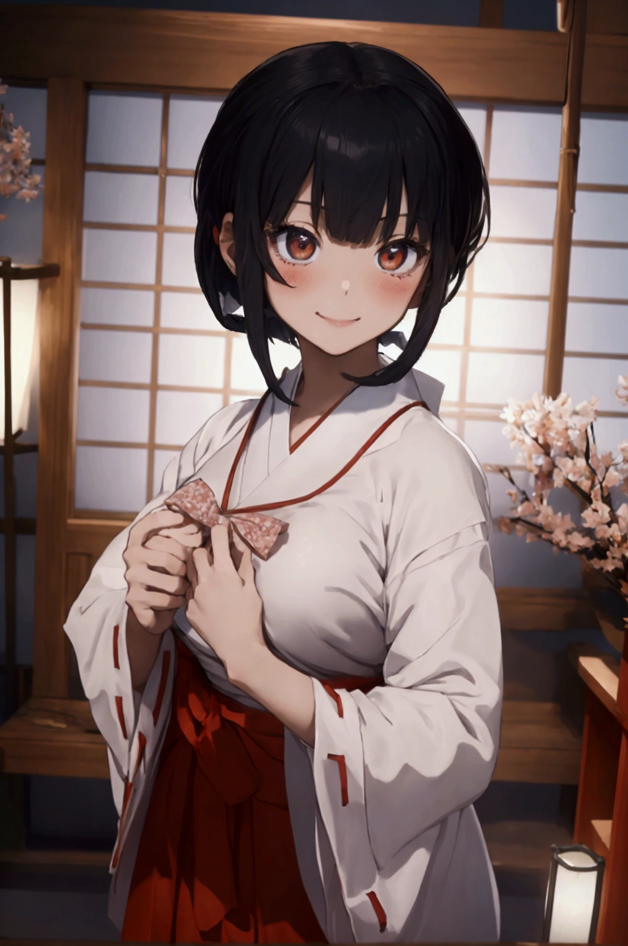 (ultra highres、ultra quality、Masterpiece、8k、),A girl with light short hair drawn Young and cute 、Asian woman,s hot, Japanese Model, Cute Core,  , Chubby 、(big breast)、Blushing、(Looking up)(Shrine maiden) (Her clothes are open and her chest is visible)smile、sexly，shrine、Bangs