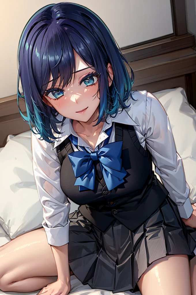 (1boy and 1girl having sex:1.4), (cum in pussy:1.3), sitting position, upright straddle, hug, face to face, spread legs, POV, BREAK hmakane, blue hair, short hair, gradient hair, medium breasts, blue bowtie, collared shirt, black vest, long sleeves, pleated skirt, grey skirt, open clothes, bare breasts, aroused, BREAK detailed background, bedroom, pillow, BREAK nsfw, (best quality, masterpiece, UHD, ultra detailed), (beautiful face, shiny skin), (detailed eyes), (perfect anatomy), (professional lighting)