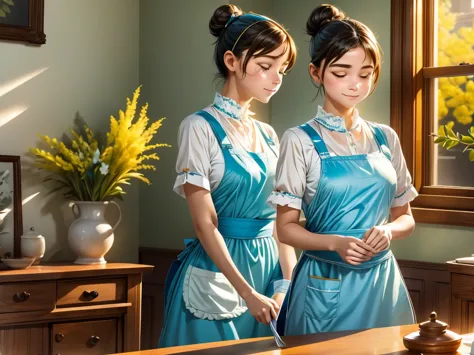 a maid diligently cleaning the room, using a antibacterial cloth to remove dust from every surface, hands swiftly wiping away di...