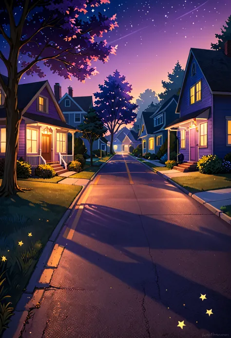 "an anime-style 4k wallpaper of a peaceful suburban neighborhood street at dusk. the scene features a vintage car parked in the ...