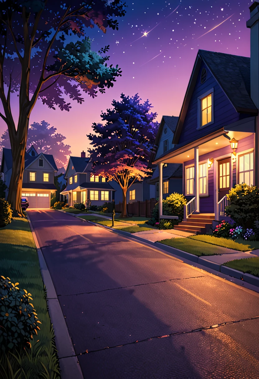 "An anime-style 4K wallpaper of a peaceful suburban neighborhood street at dusk. The scene features a vintage car parked in the driveway of a cozy house. Warm, golden lights glow softly from the house's windows, casting a welcoming aura. The sky above is a deepening twilight, transitioning from shades of purple to dark blue, with twinkling stars beginning to appear. Lush trees line the street, and shadows stretch gently across the pavement, creating a serene and nostalgic atmosphere."