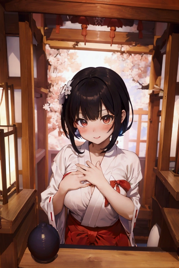 (ultra highres、ultra quality、Masterpiece、8k、),A girl with light short pattun hair drawn Young and cute 、Asian woman,s hot, Japanese Model, Cute Core,  , Chubby 、(big breast)、Blushing、(Looking up)(Shrine maiden) (Her clothes are open and her chest is visible)smile、sexly，shrine