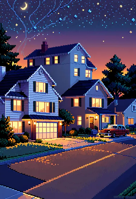 "pixel art of a quiet suburban neighborhood street at dusk, with a vintage car parked in the driveway of a house. warm lights gl...