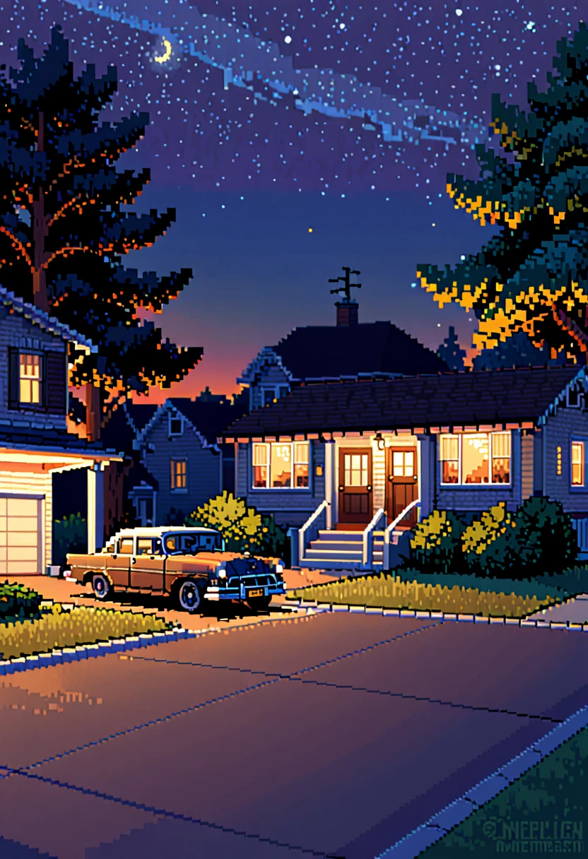 "Pixel art of a quiet suburban neighborhood street at dusk, with a vintage car parked in the driveway of a house. Warm lights glow from the windows, and a starry night sky twinkles above