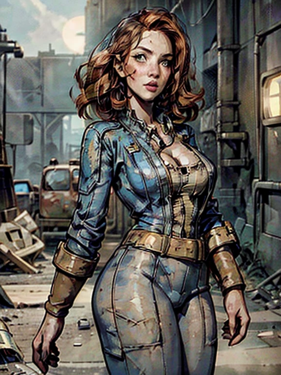 a girl in a vault jumpsuit, 1girl, fallout, vault dweller, pip-boy 3000, long red hair, beautiful detailed eyes, beautiful detailed lips, extremely detailed face, cleavage, round breasts, post-apocalyptic, dystopian, radioactive wasteland, ruined city, rubble, debris, (best quality,4k,8k,highres,masterpiece:1.2),ultra-detailed,(realistic,photorealistic,photo-realistic:1.37),cinematic lighting,dramatic lighting,vibrant colors,dystopian atmosphere