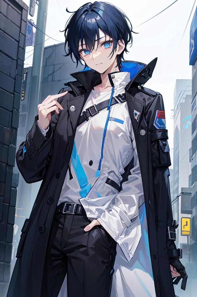 초상화, Face_through_torso, A well-designed male protagonist character with black hair, styled neatly to emphasize his handsome features. His eyes are a striking blue, and his expression carries a subtle, confident smile. He is dressed in a black T-shirt underneath a white trench coat, which is inspired by a cyberpunk aesthetic. The trench coat features blue neon lines running along certain parts of the design, adding a futuristic touch. His left hand is casually placed in the trench coat pocket,((white trench coat))