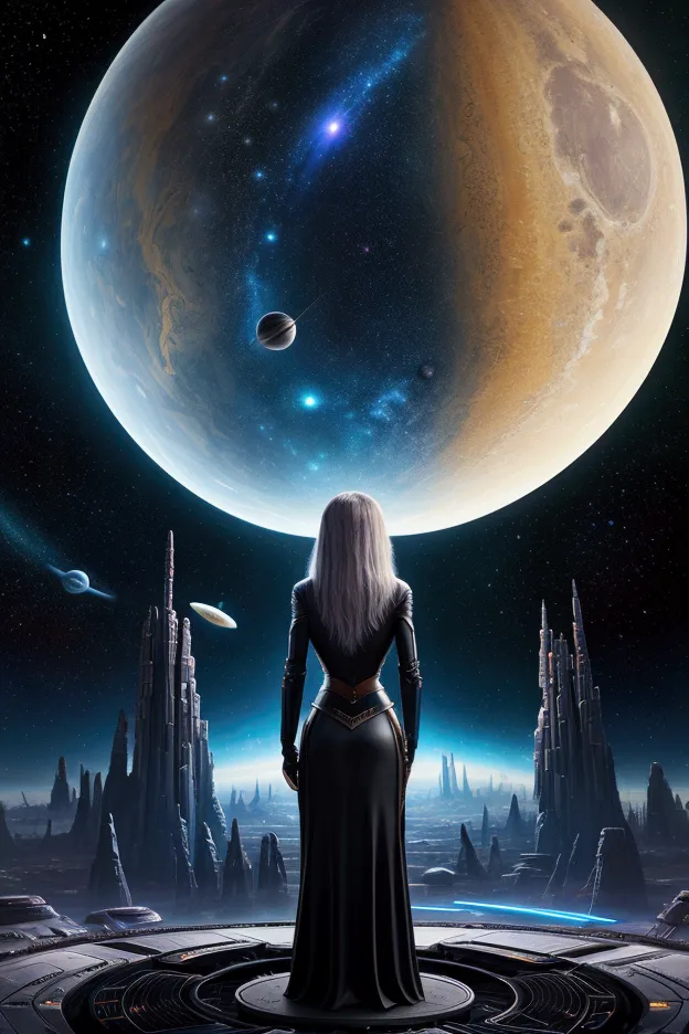 there is a woman standing in front of a painting of a planet, futuristic city in background, psytrance artwork, interconnected h...