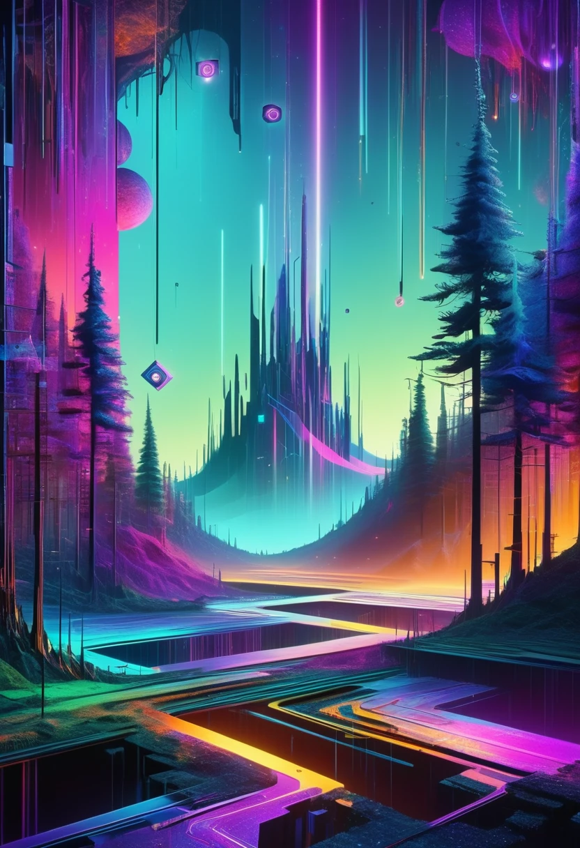 A fantastical digital landscape, digital glitches, abstract cyberpunk forest, digital decay, intricate geometric structures, twisted organic forms, surreal and dystopian atmosphere, striking color palette, dramatic lighting, photorealistic, 8k, masterpiece