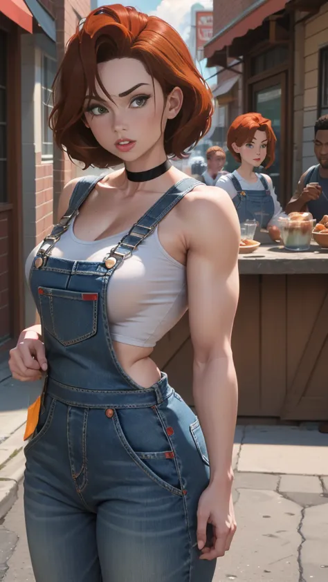 annie hughes. caucasian. wearing blue denim overalls. freckled_redhead. cheekbones. short_hair. chestnut. green_eyes. drinking a...