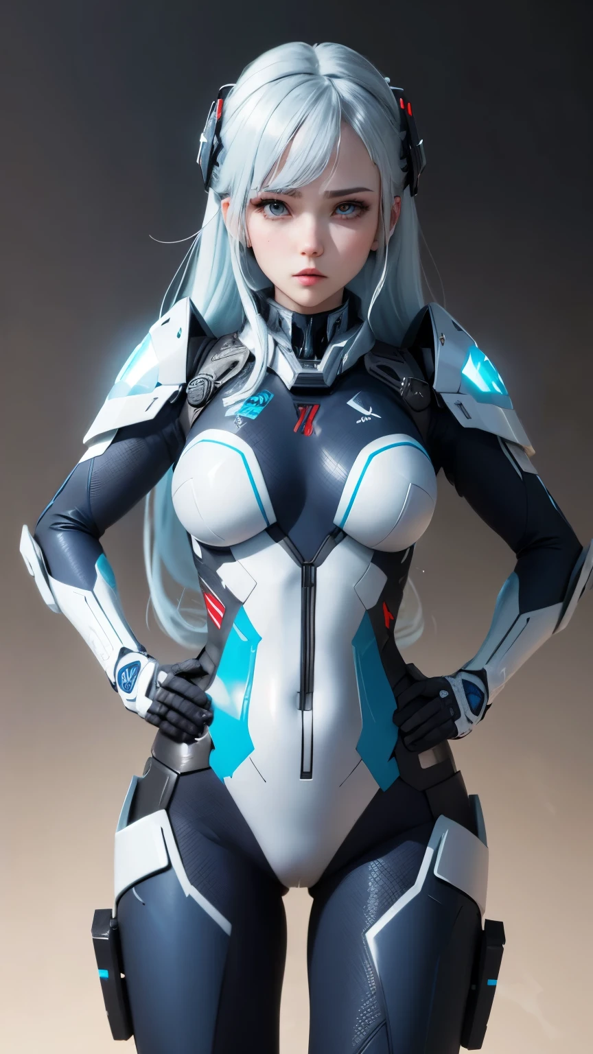 RUSSIAN WAIFU, in a combat exo-suit, very clear detail, suit colors blue, white and red