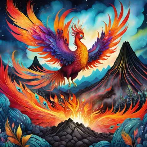 a magical phoenix emerging from a volcanic crater, detailed ink painting, children's illustration style, pop surrealism, beautif...