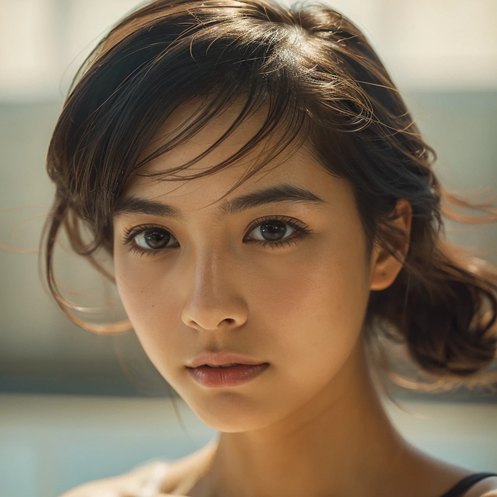 A hyper-realistic image of a single Japanese woman in her early 20s, captured with the nostalgic warmth and subtle graininess of a film camera. Her skin has a warm beige tone with a natural, slightly rough texture that includes visible pores, fine lines, and subtle imperfections such as small blemishes, adding to the authenticity of her appearance. The soft, diffused natural light enhances the film-like quality, casting gentle shadows that create a timeless, organic feel. Her straight, glossy black hair frames her face in a natural, slightly tousled manner, and her deep brown eyes reflect the ambient light, adding depth and emotion. The film camera effect introduces a slight grain and a softer focus, giving the image a warm, nostalgic atmosphere while maintaining the realistic texture of her skin. She is dressed simply, in a way that complements her natural beauty, with the overall composition designed to evoke a sense of genuine, understated elegance. The use of natural light, combined with the deliberately rougher texture of her skin and the film-like qualities, ensures that this image captures the imperfections that make her beauty truly lifelike, focusing solely on this one individual.