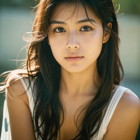 a hyper-realistic image of a single japanese woman in her early 20s, captured with the nostalgic warmth and subtle graininess of...