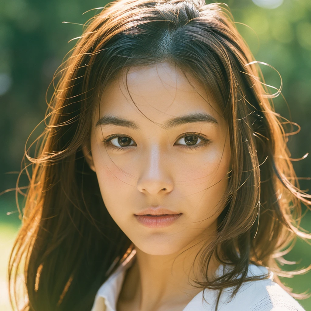 A hyper-realistic image of a single Japanese woman in her early 20s, captured with the nostalgic warmth and subtle graininess of a film camera. Her skin has a warm beige tone with a natural, slightly rough texture that includes visible pores, fine lines, and subtle imperfections such as small blemishes, adding to the authenticity of her appearance. The soft, diffused natural light enhances the film-like quality, casting gentle shadows that create a timeless, organic feel. Her straight, glossy black hair frames her face in a natural, slightly tousled manner, and her deep brown eyes reflect the ambient light, adding depth and emotion. The film camera effect introduces a slight grain and a softer focus, giving the image a warm, nostalgic atmosphere while maintaining the realistic texture of her skin. She is dressed simply, in a way that complements her natural beauty, with the overall composition designed to evoke a sense of genuine, understated elegance. The use of natural light, combined with the deliberately rougher texture of her skin and the film-like qualities, ensures that this image captures the imperfections that make her beauty truly lifelike, focusing solely on this one individual.