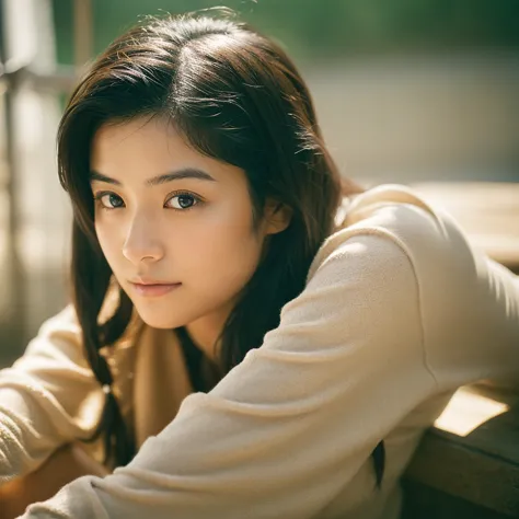 a hyper-realistic image of a single japanese woman in her early 20s, captured with the nostalgic warmth and subtle graininess of...