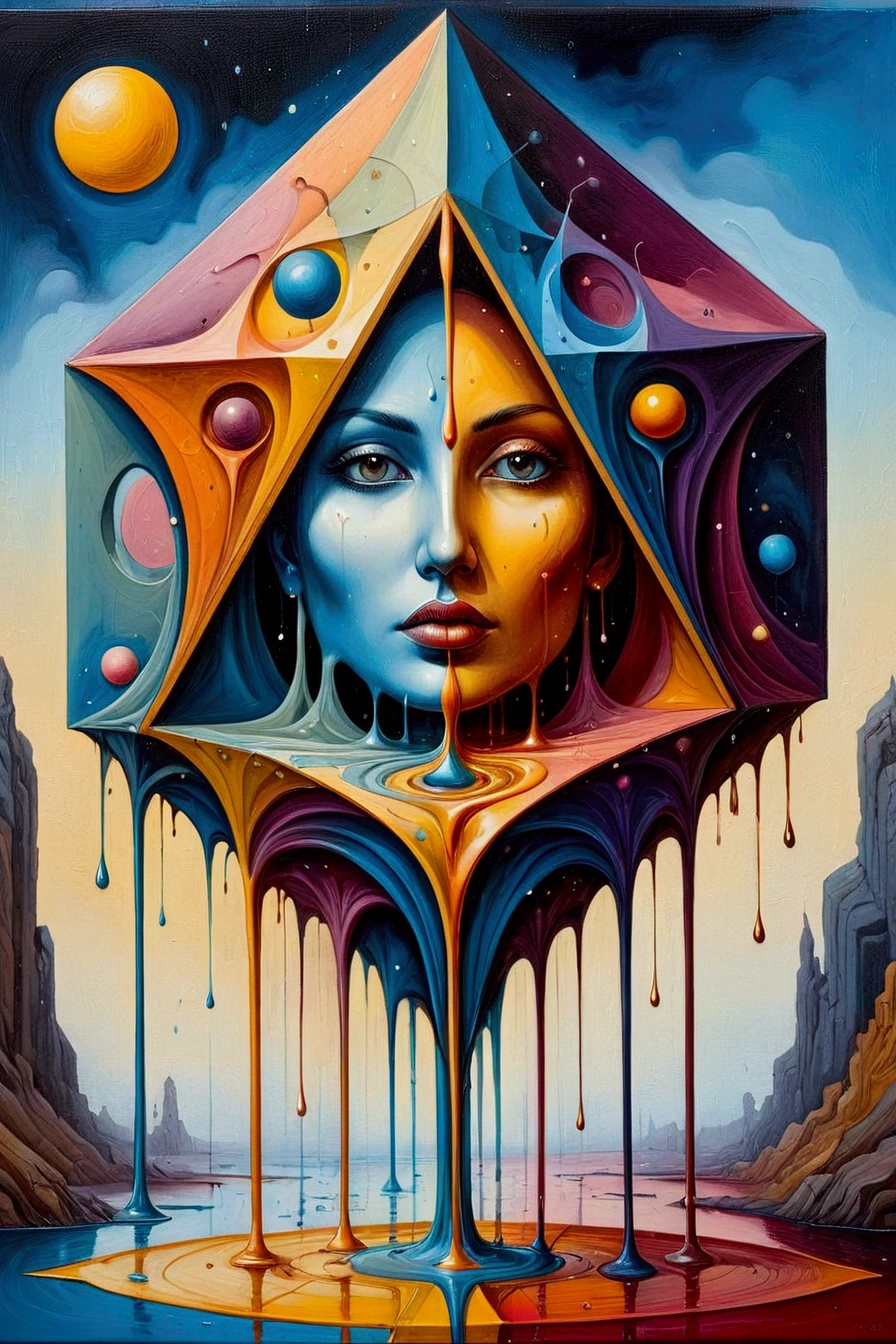 (Artistic Masterpiece of abstract ), (Themed Art of geometic), (Conceptual Art), (Abstract painting), (Conveying a sense of mystery, complexity), dripping, oil painting, magic fantasy, Surrealist  and pop art