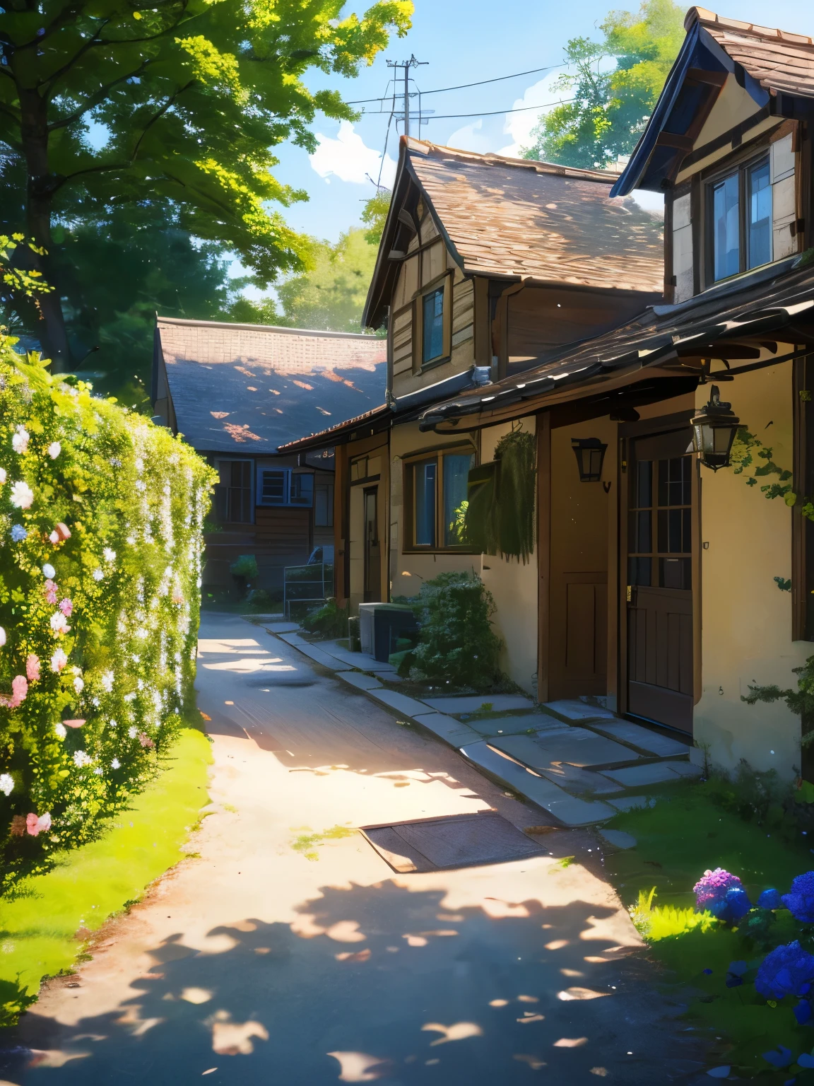 A charming village scene with picturesque wooden houses covered in blooming flowers and ivy. The houses are surrounded by lush green trees, and the bright sunlight shines from a clear blue sky. The scene is filled with vibrant colors from various flowers, including roses, vines, and other blooming plants. The architecture is cozy and rustic, with wooden beams and stone pathways leading through the village. The atmosphere is peaceful and serene, evoking a sense of tranquility in a beautiful natural setting. The sunlight creates a warm and inviting ambiance, with shadows softly cast by the trees.