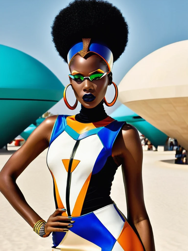 frofuturist mode photography, capturing the essence of Afrocentric style and futuristic esthétique in stunning visual Récits, mode:1.4, esthétique:1.3, Récits:1.2. , afrofuturisme