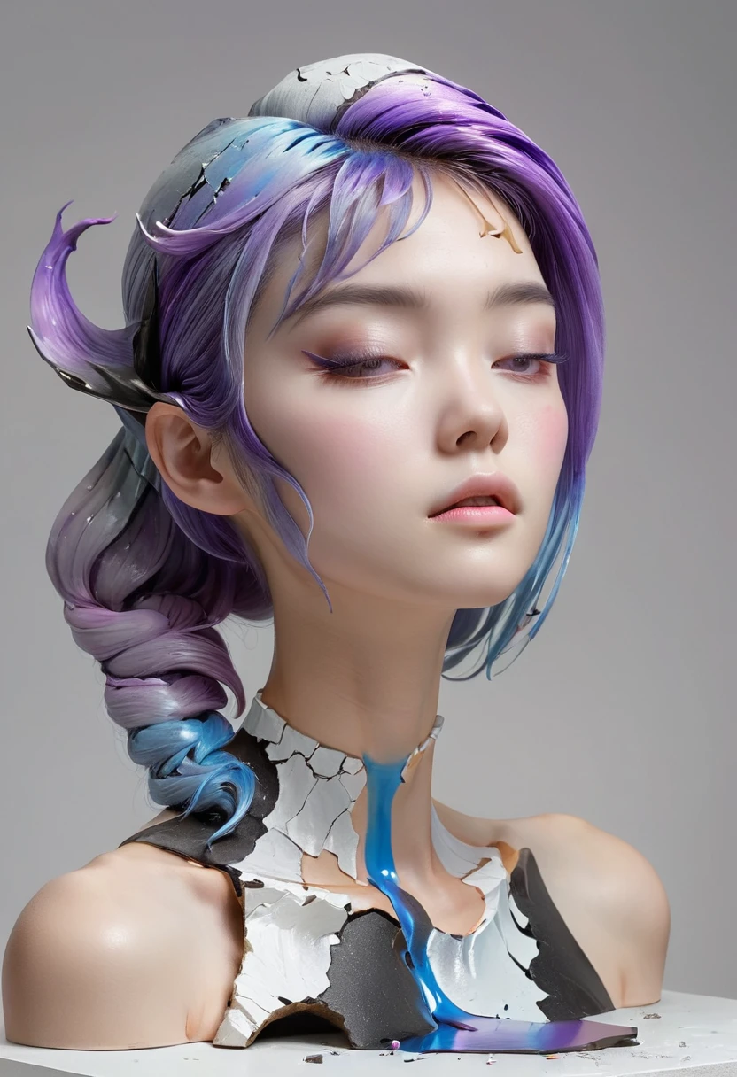 ((Showcase，Still Life Table，Artistic statues，3D sculpture，Ceramics，Surface cracks，Shattered Texture)), 1 person，alone，beautiful，Black and white metallic hair accessories，Blue-purple gradient hair tip，Purple Hair，Twin Blade, Grace，Thin neck，Communicating the beauty of nature.The creativity of Yun Shu：1.37.From Kane，Golden Powder， This artwork appears on a grey background，Emphasise the artistry.Ray Tracing,Upper Body、nude
