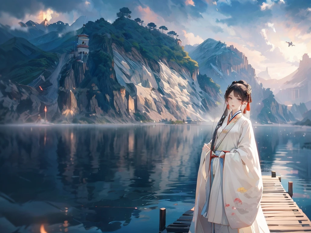 best quality，People wearing Hanfu standing on the boat ， People in Hanfu, Chinese, 穿着ancient China的衣服, ancient China, 身着ancient China服饰, Chinese traditional clothing, Chinese Fantasy