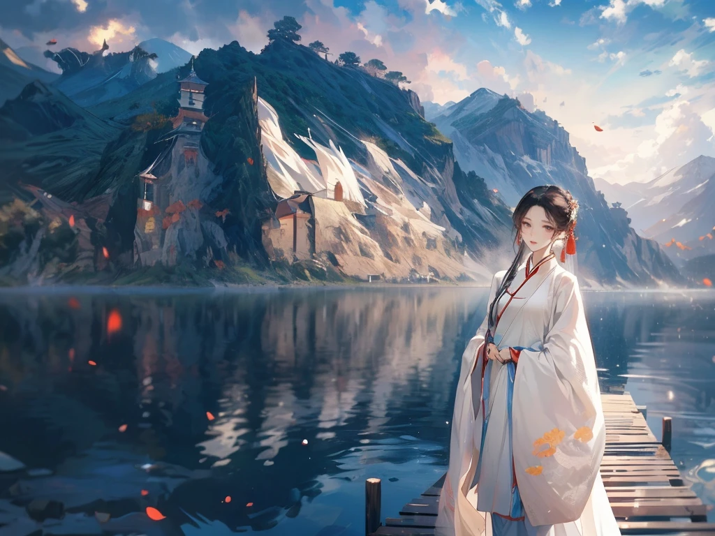 best quality，People wearing Hanfu standing on the boat ， People in Hanfu, Chinese, 穿着ancient China的衣服, ancient China, 身着ancient China服饰, Chinese traditional clothing, Chinese Fantasy