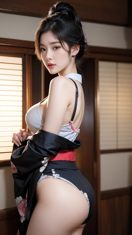 (Very sexy girl wearing sexy ukiyo-e kimono:1.3), Lightweight Bra, transparent, Black头发颜色头发,, Black stockings, Keep your butt up,Facecamea，Black, ring, 4K, High resolution,looking at the camera, Near perfect, dynamic, The content is very detailed...., brown, Sharp focus，Glowing Skin，Camel toe that shows off your thighs!!!、