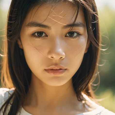 a hyper-realistic image of a single japanese woman in her early 20s, captured with the nostalgic warmth and subtle graininess of...