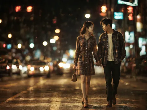 a striking, ultra-detailed image of a young korean couple strolling hand-in-hand on a bustling night street. the man is dressed ...