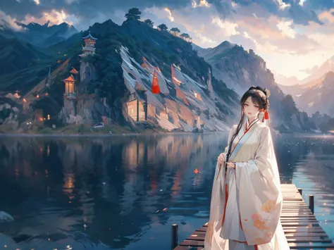 best quality，people wearing hanfu standing on the boat ， people in hanfu, chinese, 穿着ancient china的衣服, ancient china, 身着ancient ...