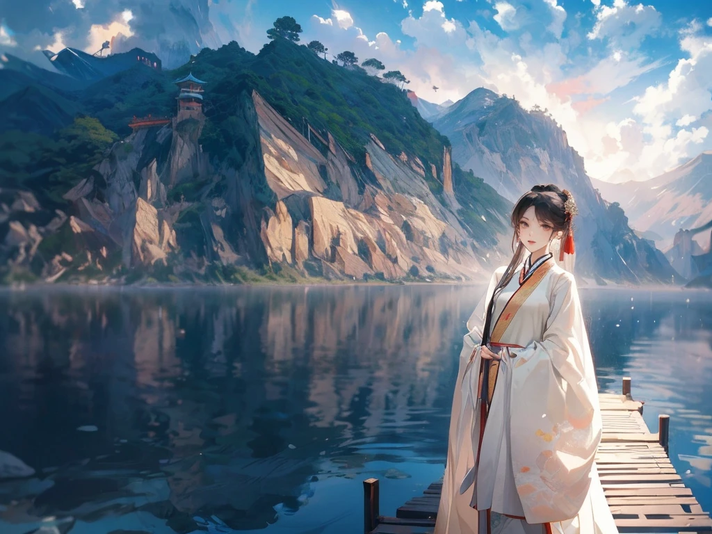 best quality，People wearing Hanfu standing on the boat ， People in Hanfu, Chinese, 穿着ancient China的衣服, ancient China, 身着ancient China服饰, Chinese traditional clothing, Chinese Fantasy