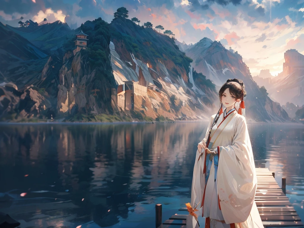 best quality，People wearing Hanfu standing on the boat ， People in Hanfu, Chinese, 穿着ancient China的衣服, ancient China, 身着ancient China服饰, Chinese traditional clothing, Chinese Fantasy