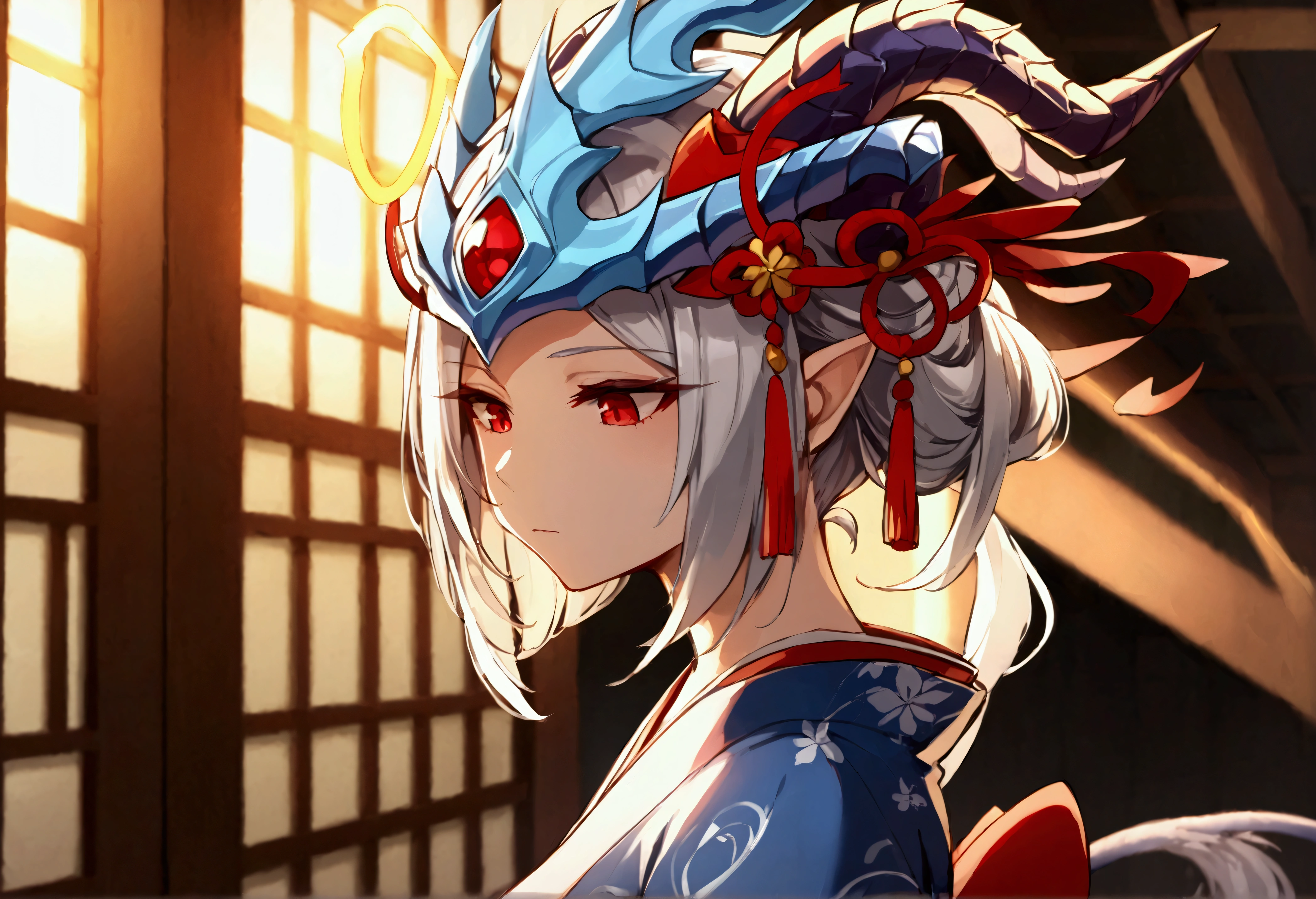 Highest quality　masterpiece　High resolution　daughter　Red Eyes　Silver Hair　kimono　One person　Dragon Horn　Dragon&#39;s Tail　Big Breasts　Expressionless　Captivating body　Heaven　Halo　Looking down here