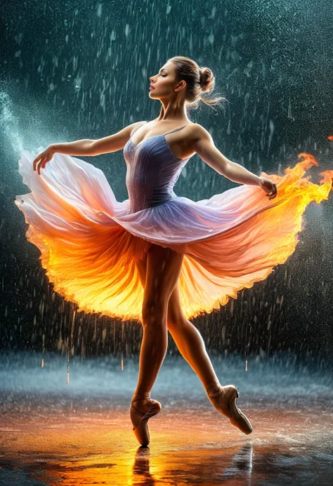 a portrait of female classical ballet prima ballerina dancing in the rain, a full body picture ((anatomically correct: 1.5)) of ...