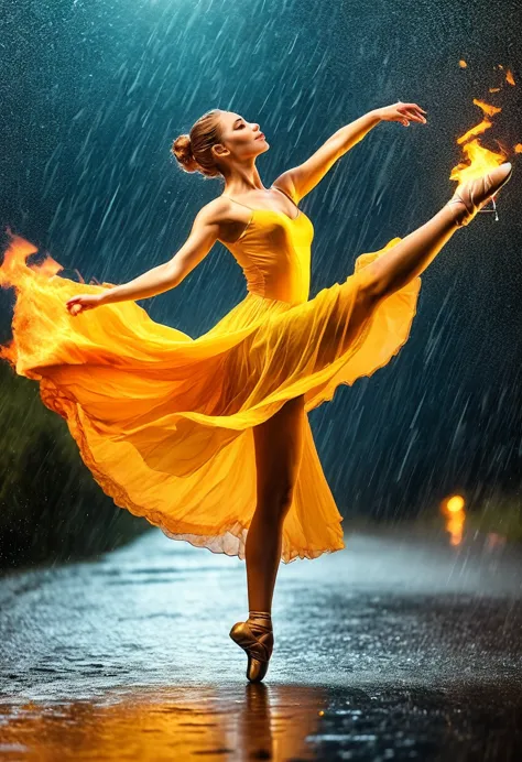 a portrait of female classical ballet prima ballerina dancing in the rain, a full body picture ((anatomically correct: 1.5)) of ...